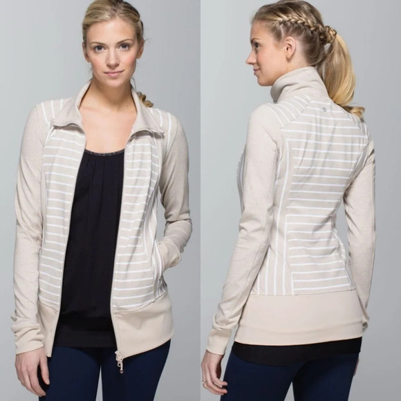 Lululemon Nice Asana Jacket Deauville Stripe Cashew White / Heathered Cashew 4 - Picture 1 of 6